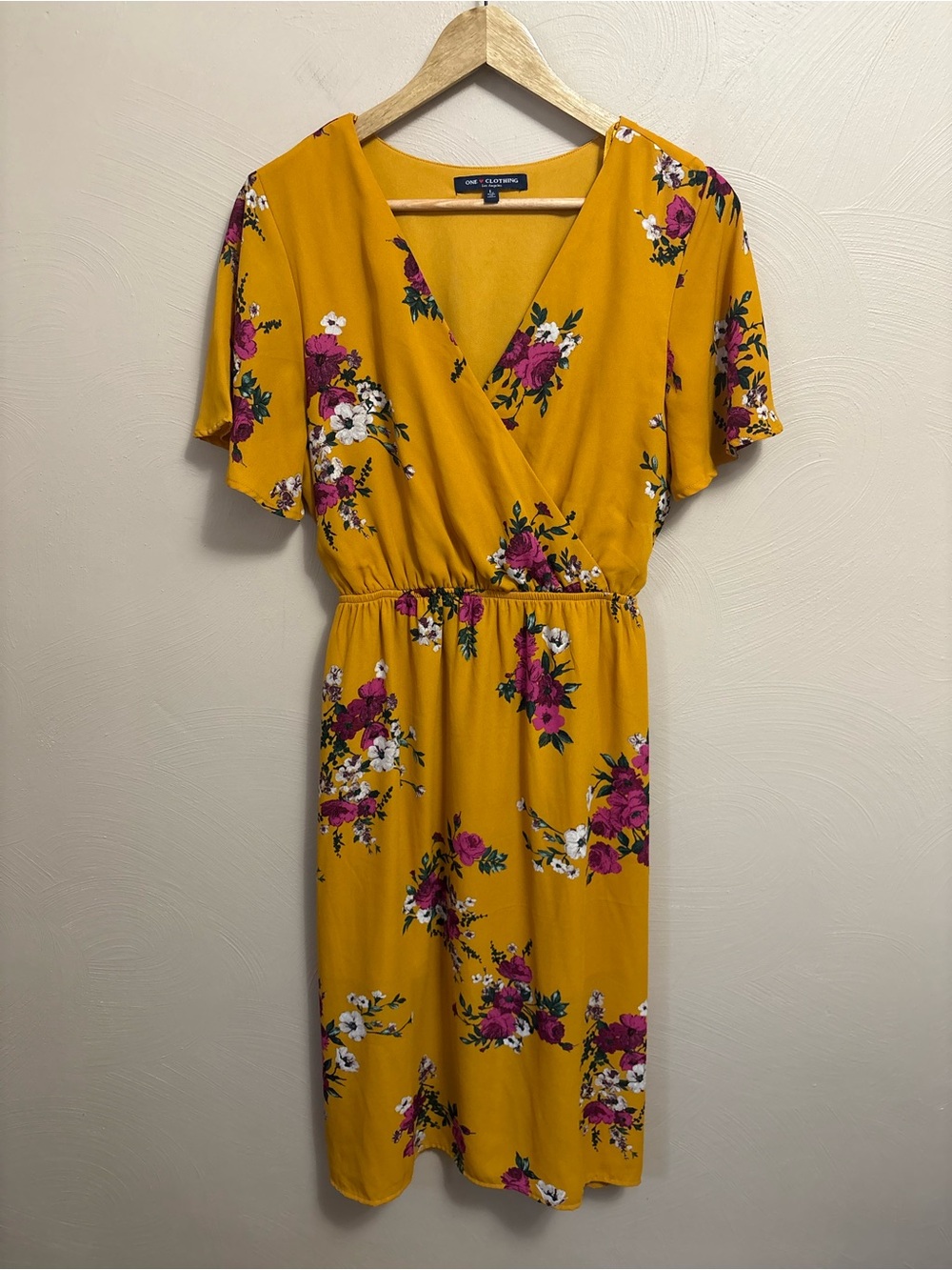 One Clothing Los Angeles Mustard Yellow Floral Faux Wrap Midi Dress Size Large
